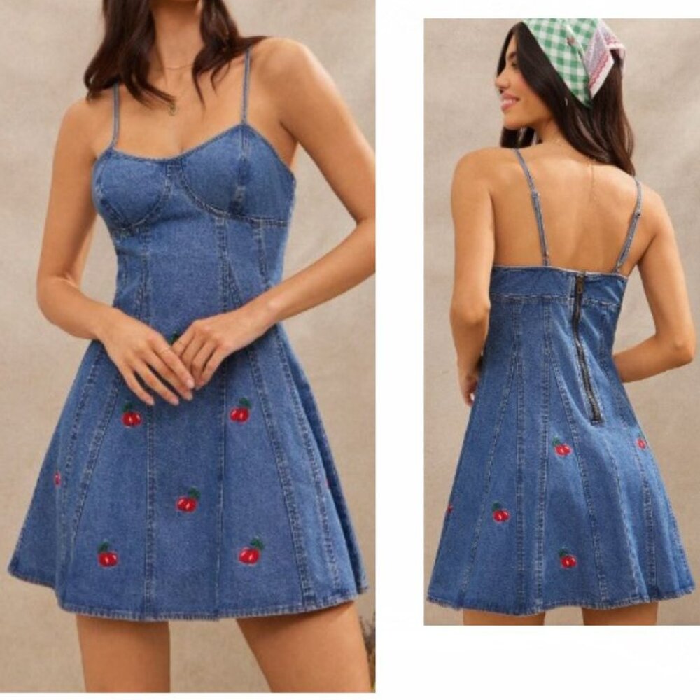 NEW 2026 Cherry Print Embroidery Denim Dress Small